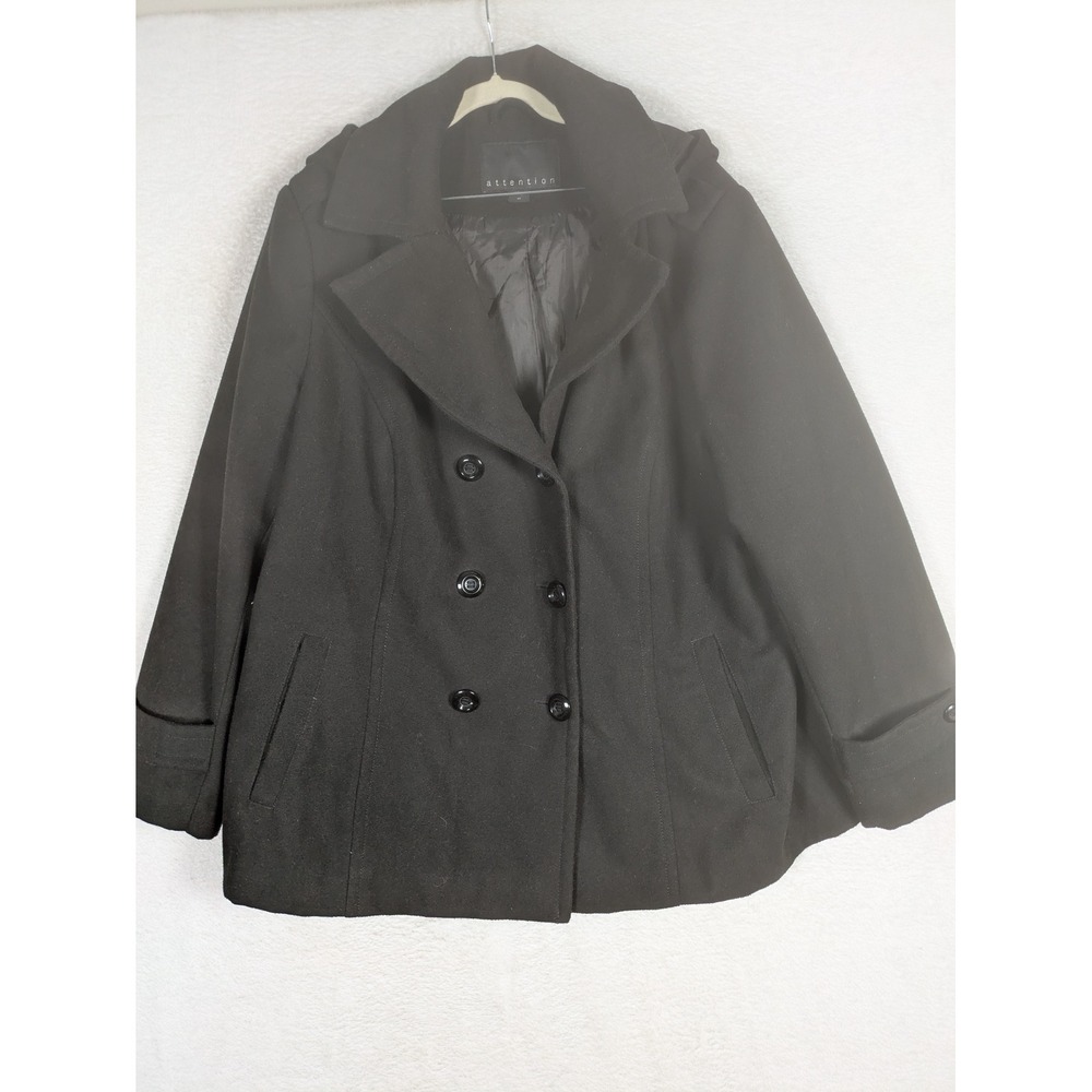 Attention Pea Coat Women's 2X Black Double Breasted Notched Lapel Plus Size